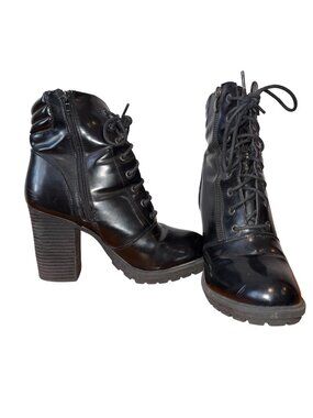 Just Fab Pembe Black Leather Lace Up Ankle Boots Chunky Heel Combat Style